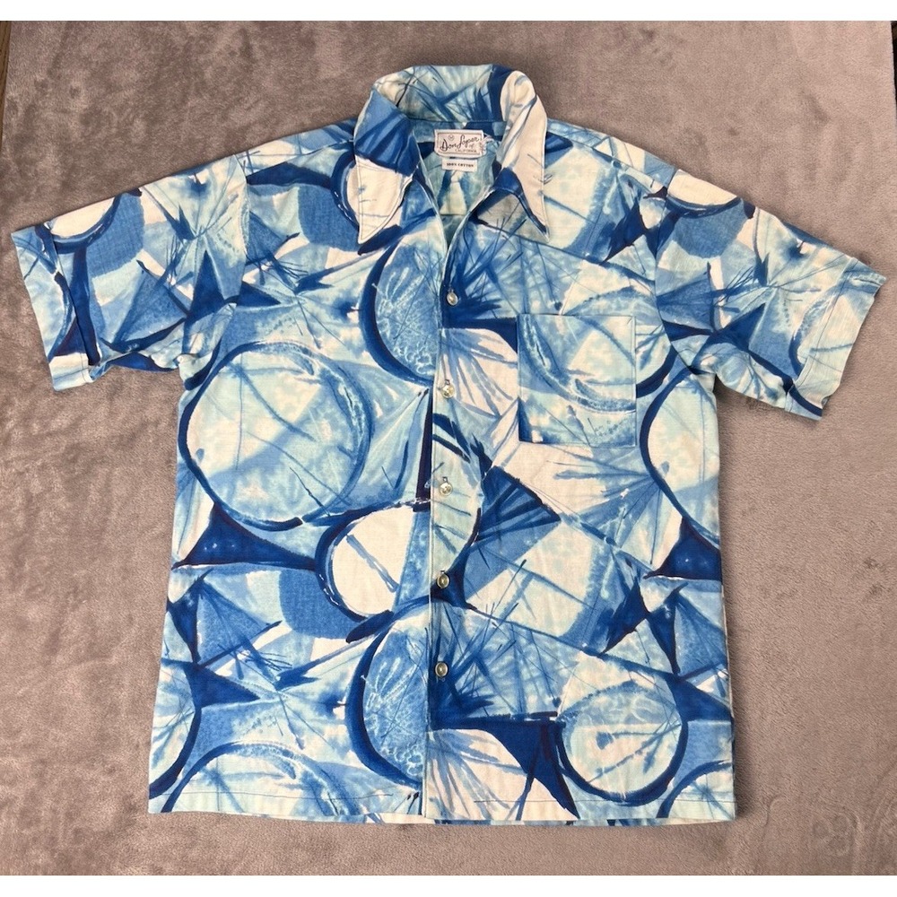 Vintage Don Loper California Barkcloth Shirt‎ Mens L Blue Geometric Abstract USA
